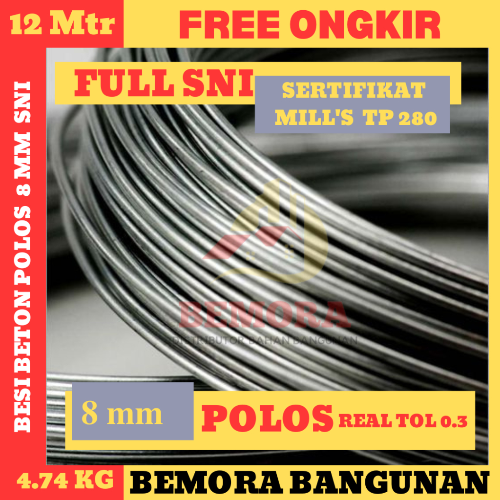 Besi 8 mm polos Full SNI Sertifikat 0.3 (Harga Grosir & Free Ongkir)