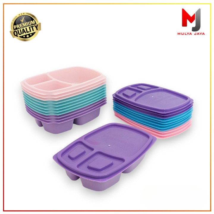 Mulya Jaya Lusinan (12Pcs) Tepak Makan Anak Plastik Sekat 3 / Kotak Makan Plastik Anti Tumpah