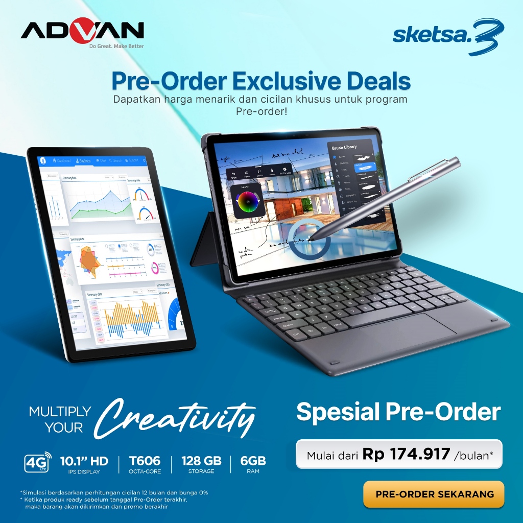 Advan Tab Sketsa 3 Layar 10.1” HD IPS  128GB+RAM 6GB Tiger T606 Android 13 Dual Sim Card Free Keyboard &amp; Stylus Pen