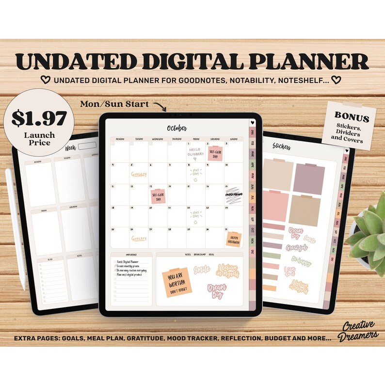 Undated Goodnotes Planner for Goodnotes, Notability, Noteshelf, Xodo, or any pdf annotation app.