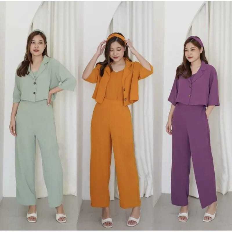 Viola Set Crinkle Free bando 3in1 / Kemeja Crop outer dan celana kulot panjang crinkle airflow