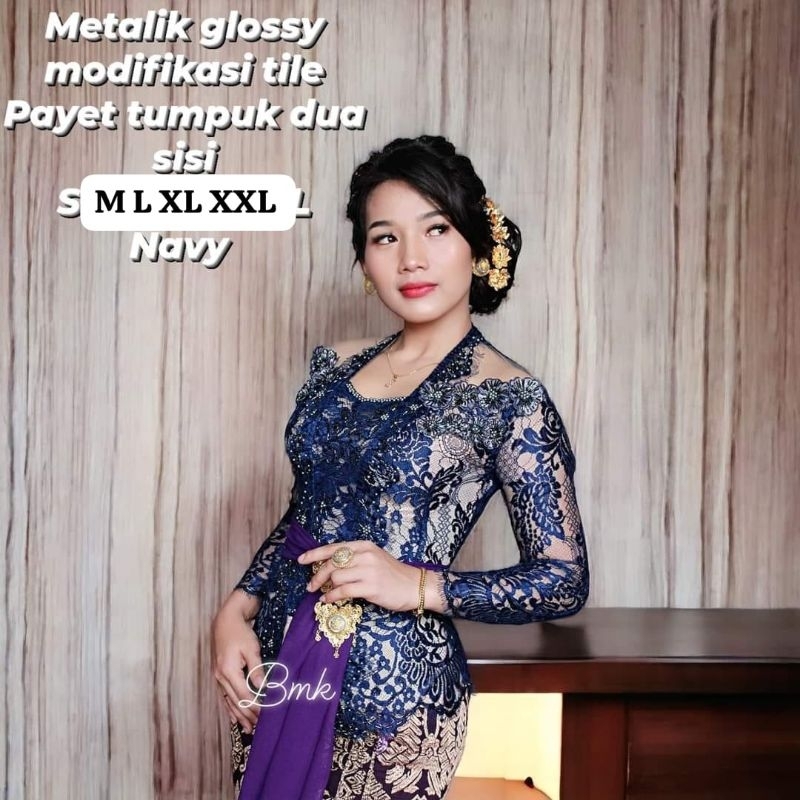 Kebaya Jadi Brokat Metalic Glossy Modifikasi Tile Payet Tumpuk Dua Sisi Lengan Panjang