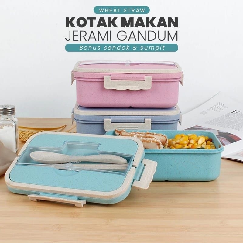 Kotak Bekal Makan Lunch Box Set 3 Sekat Free Sendok Sumpit Perlengkapan Makan Anak Dewasa Pria Wanit