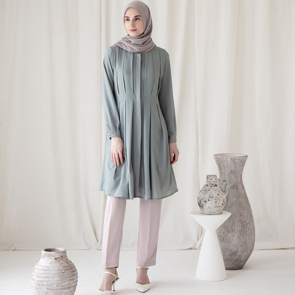 PROMO Danantya by Aska Label  Tunik wanita panjang warna biru dusty abu gelap putih lengan panjang f
