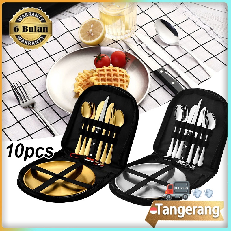 10pcs/set Alat Makan Camping Portable Alat Makan Set Stainless Cutlery Set Piring Sendok Traveling