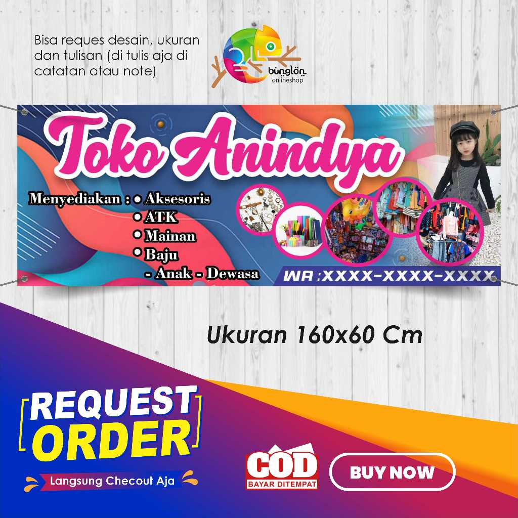Spanduk 160x60 Banner Olshop Toko Aksesoris Mainan Baju Custom Desain