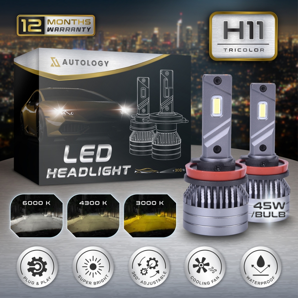 Autology LED H11 Tricolor  / 3 Warna 45W / Bohlam | Bohlam Led Mobil H11 | Bohlam Foglamp H11 | Led 