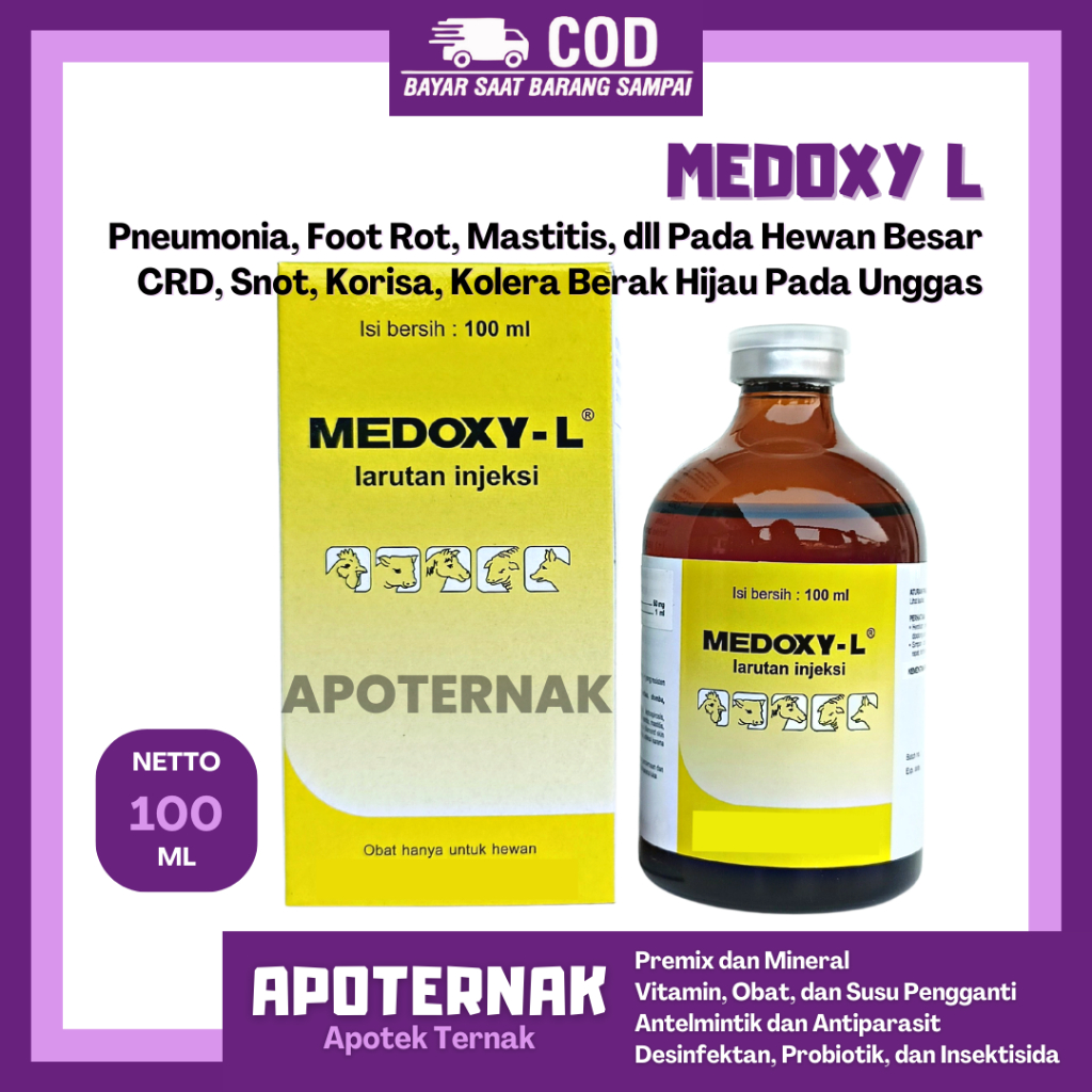 MEDOXY L 100ml | Obat Injeksi Untuk Ayam Kucing Sapi Domba Kuda Sakit Snot Ngorok CRD Berak Hijau | 