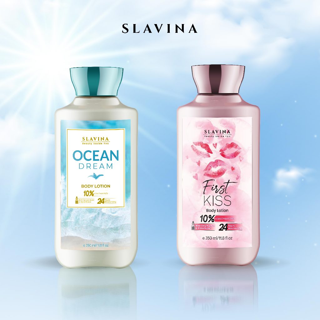 SLAVINA Body Lotion Ocean Dream + First Kiss (All Time Fresh) by Nagita Slavina - 10% Niacinamide with Serum Burst Glutathione Moisturizing Whitening