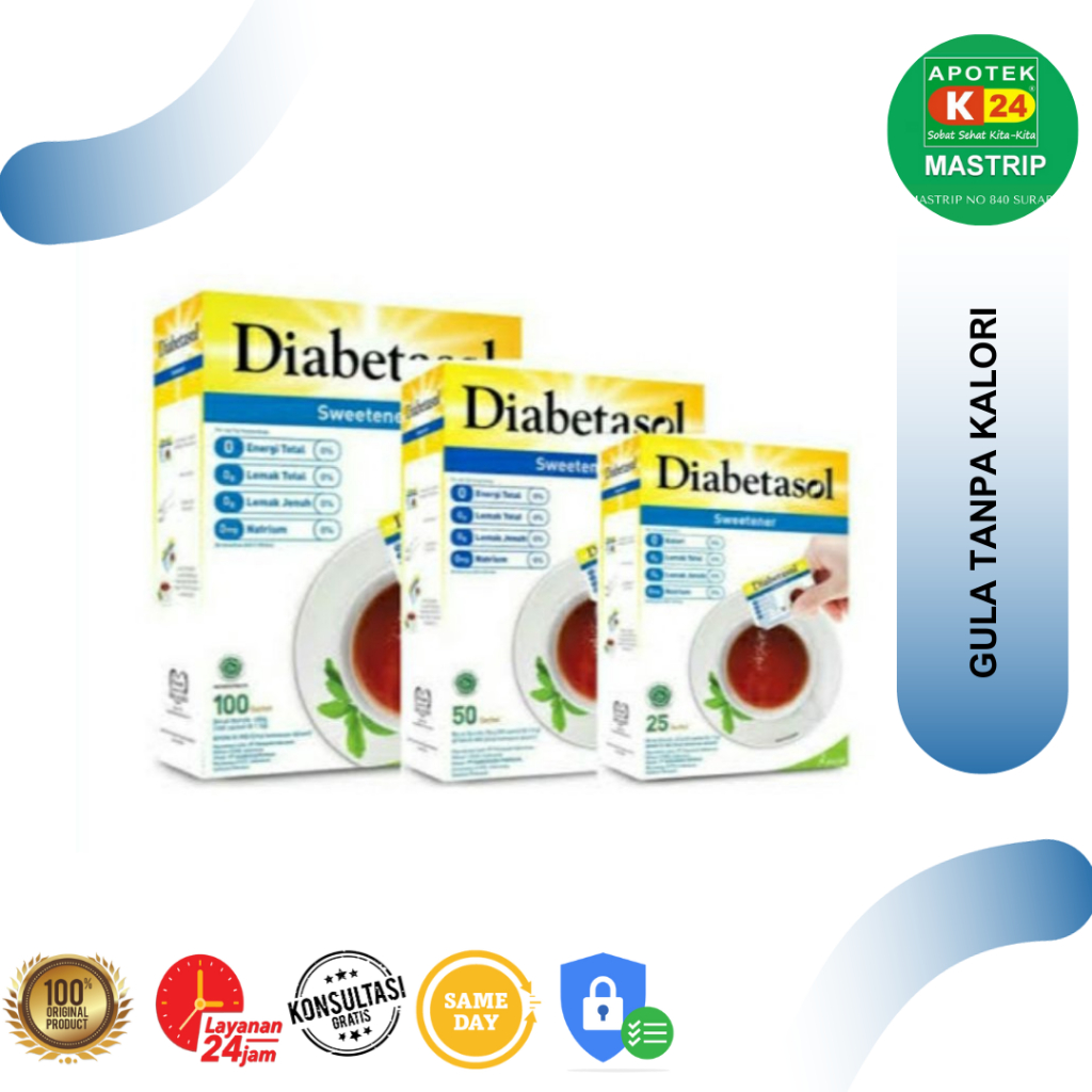 

Diabetasol Sweetener 100 sachets/50 sachet/25 sachet| Gula Diabet/Gula tanpa kalori/gula diet