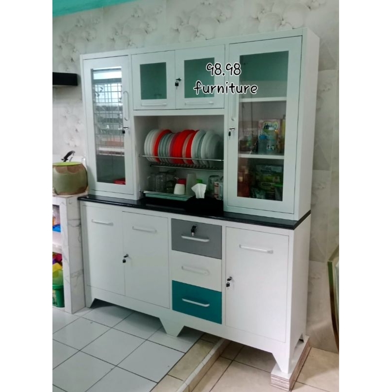 Lemari Sayur Plat Besi - Lemari Makan - Ada Dish Rak - Kitchen Set -160x40x190cm - import