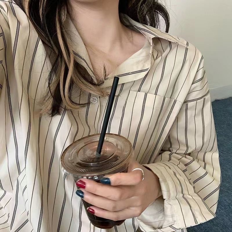 Kemeja Wanita Casual Korea Lengan Panjang Garis Baju Kemeja Atasan Wanita Santai Liar