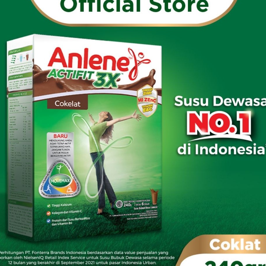 

GROSIR Anlene Actifit 3X Susu Bubuk Dewasa Cokelat 240g Nutrisi Tinggi Kalsium Untuk Tulang Sendi dan Otot