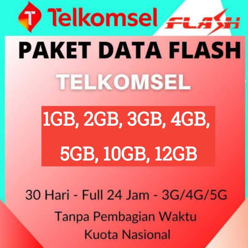Paket Data Telkomsel Flash 1GB, 2GB, 3GB, 4GB, 5GB, 10GB, 12GB