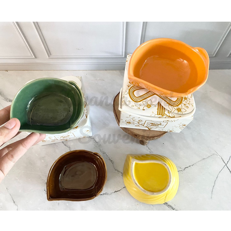 Souvenir Mangkuk Sambal Daun Keramik Kecil Mangkok Motif Porselen Warna Polos