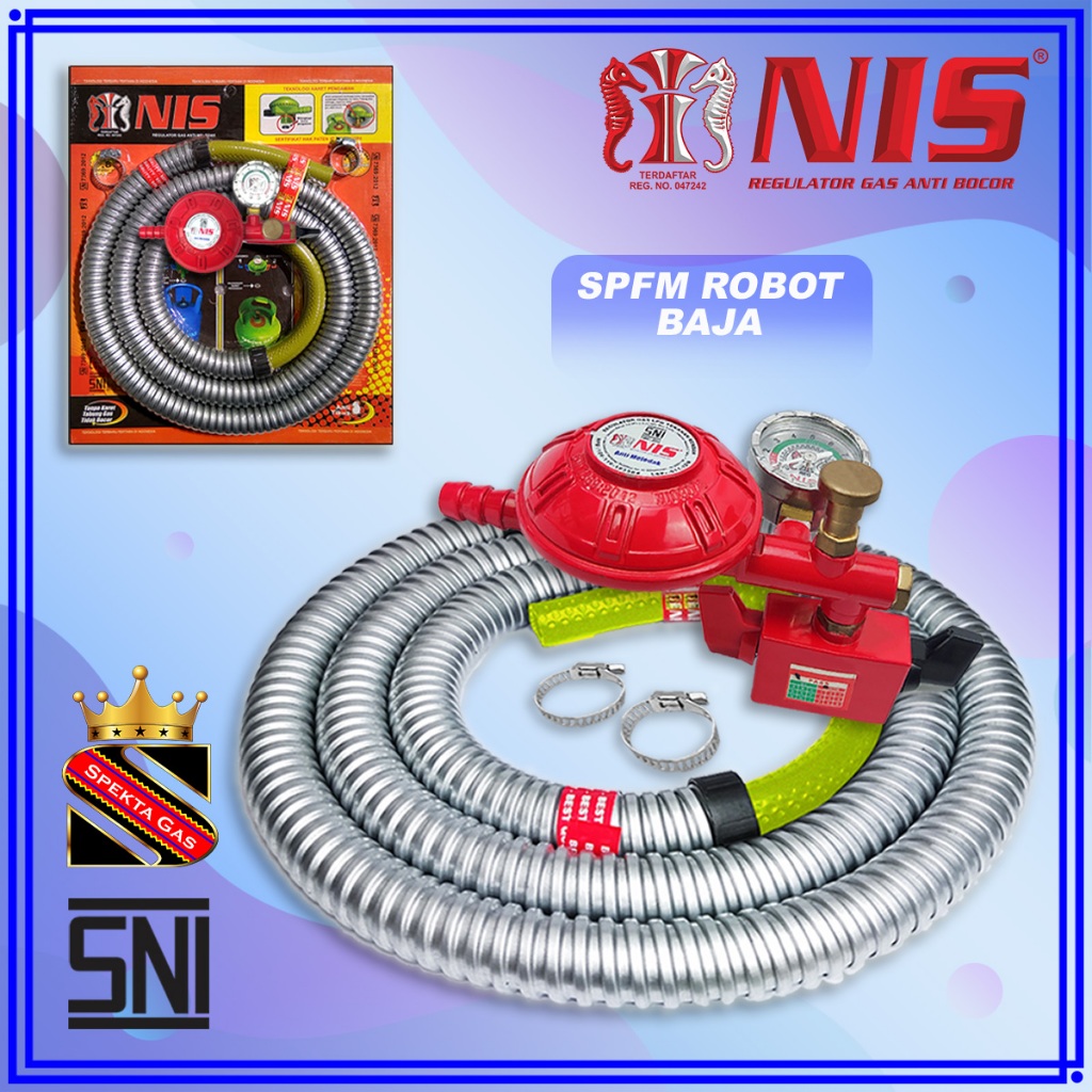 SELANG GAS NIS PAKET FLEKSIBEL BAJA + REGULATOR GAS METER ROBOT DUA PENGUNCI KHT+M NI 0307 S
