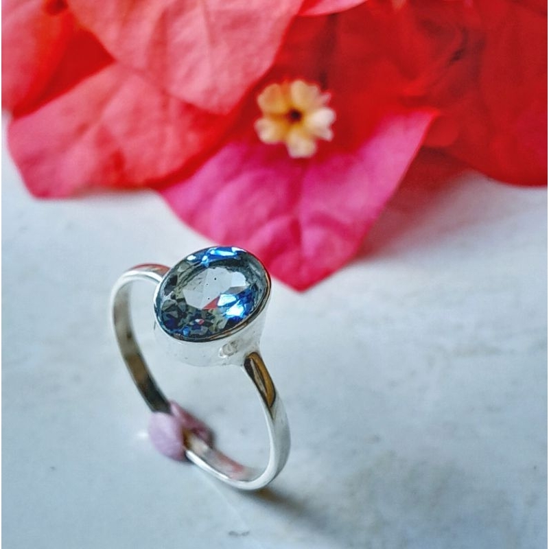 Cincin Wanita Batu Permata Blue Topaz Perak 925 Asli High Quality