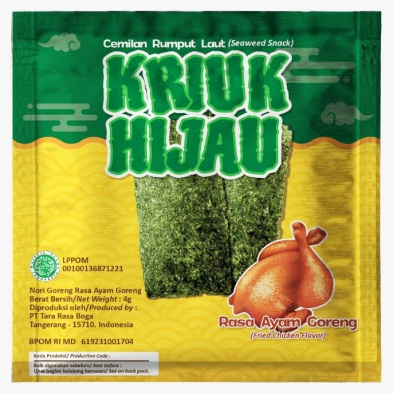 

KRIUK HIJAU CAMILAN RUMPUT LAUT RASA AYAM GORENG 1 BOX ISI 12 SACHET