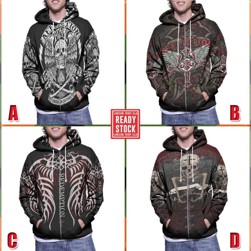 Jaket Fullprint Hoodie Affliction Clothing Hoodie Ritsleting Bahan Polyester Jersey [New Zipper Hood