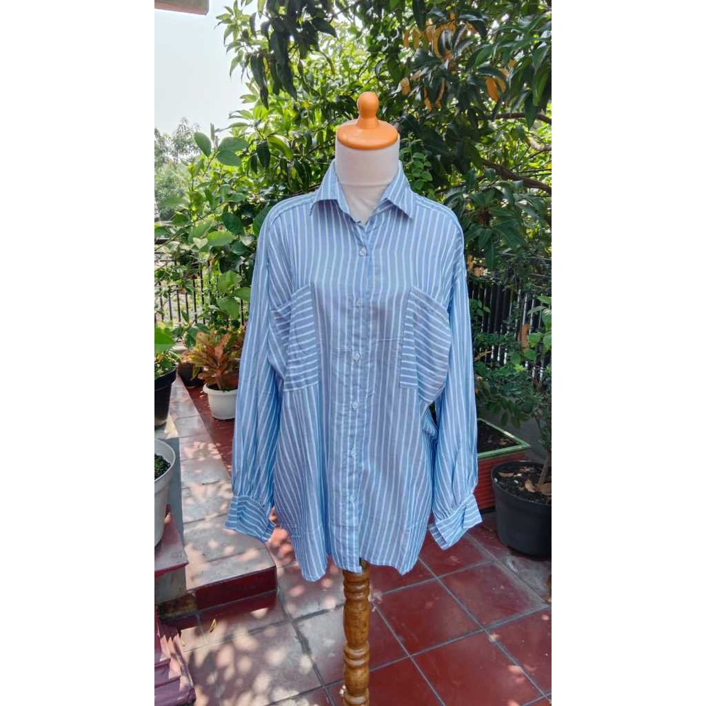 BAJU ATASAN KEMEJA WANITA BAHAN RAYON GARIS-GARIS BIRU