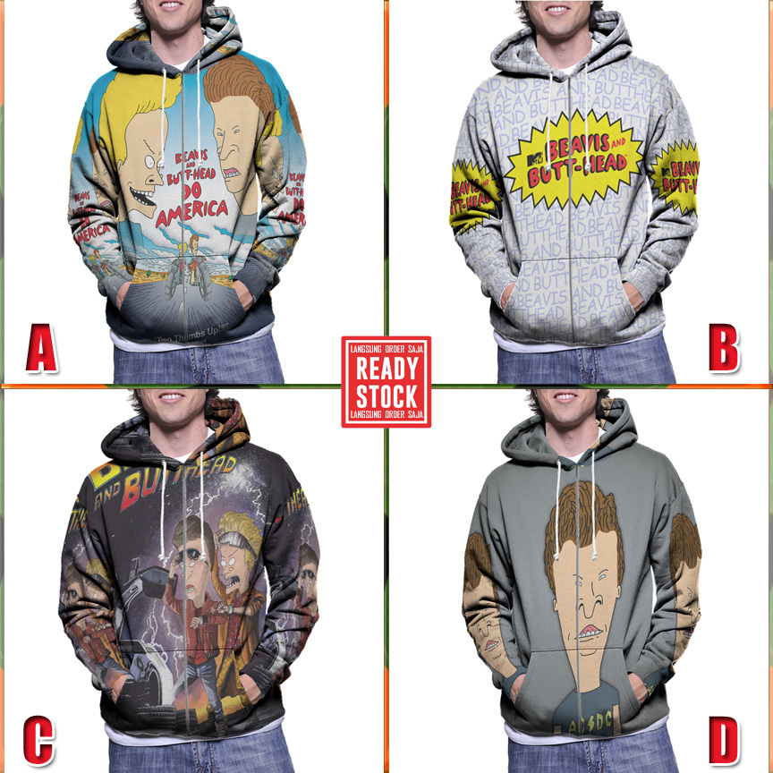 Jaket Fullprint Hoodie Beavis and Butt-Head Hoodie Ritsleting Bahan Polyester Jersey [New Zipper Hoo