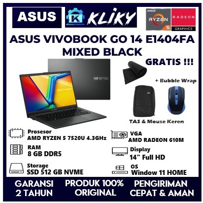 Laptop Editing Asus Vivobook GO 14 AMD Ryzen 5 Ram 8 Gb Ssd 512Gb Garansi resmi Asus