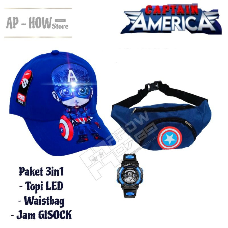 Paketan 3in1 Tas Waistbag, Jam Digital & Topi LED Anak Laki- Laki untuk Umur 2-9 Tahun
