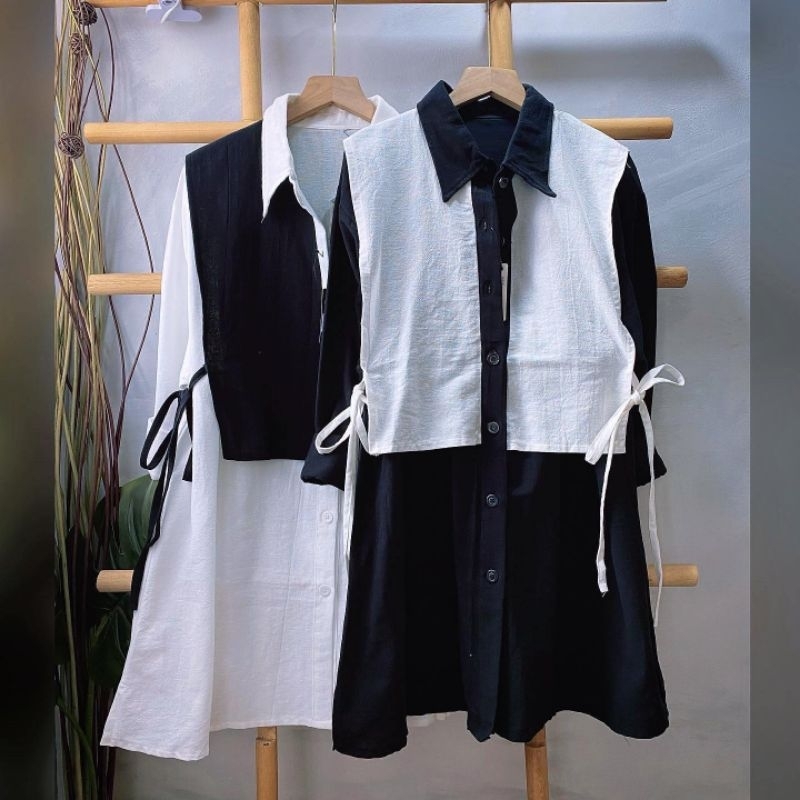 Vesty Mono Tunik kombinasi warna hitam putih atasan cewek bahan Linen premium fit to XXL kancing akt