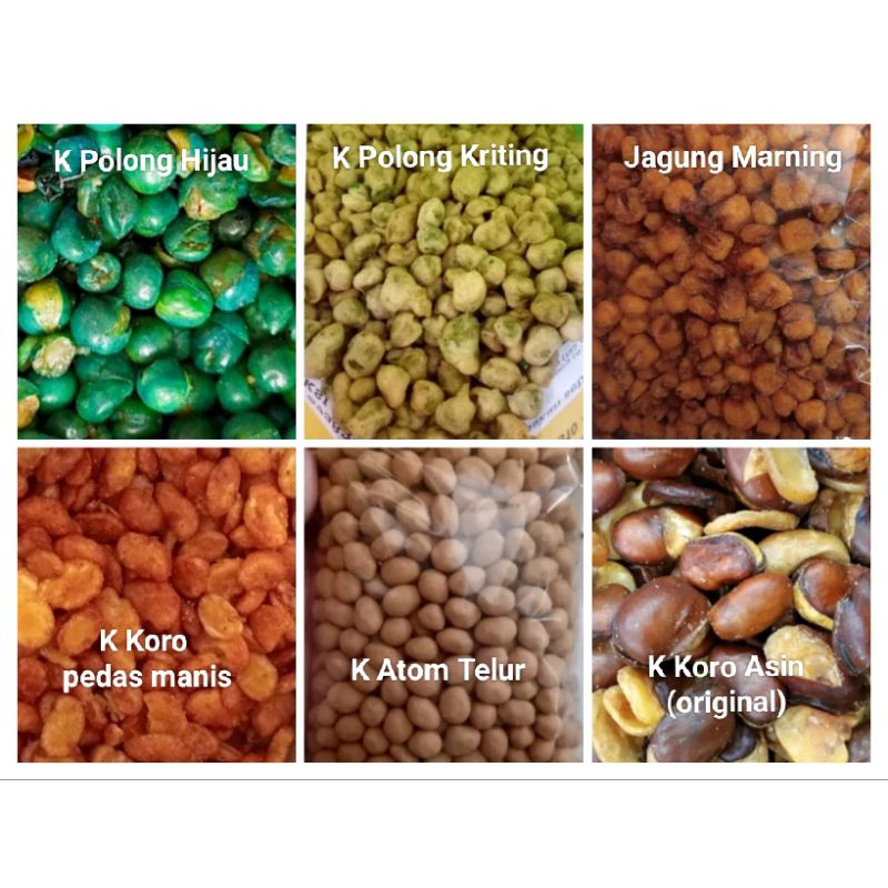 

Aneka cemilan kacang Bawang, Kacang oven, kcng koro dan kacang jenis lainnya