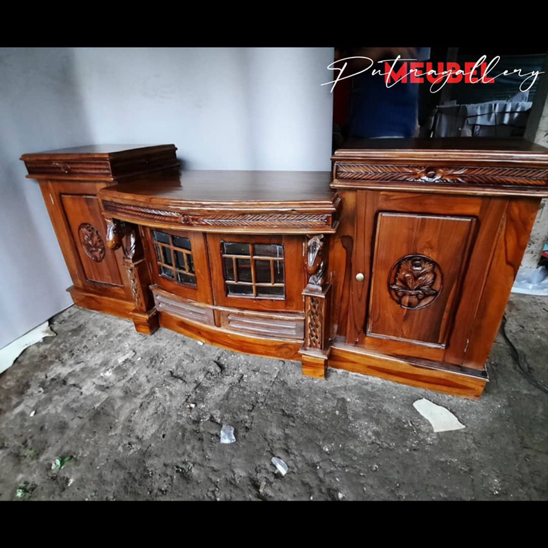 Bufet Meja TV Ukir Kuda Full Kayu Jati Jepara