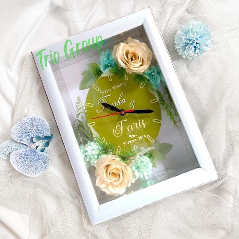 mahar nikah bunga jam 3D, uk.luar frame 30x35 cm. mahar MODEL akrilik mahar frame