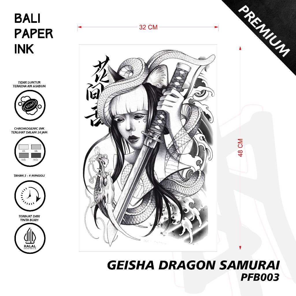 Bali Paper Ink PFB003 Geisha Dragon Samurai Fruit Ink Tatto Temporary Premium Tato Temporer Full Pun