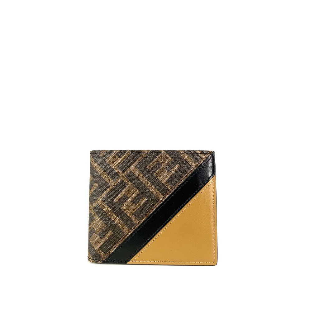 Dompet Pria Fendi Men's Wallet Bi Color Leather and FF Fabric Brown