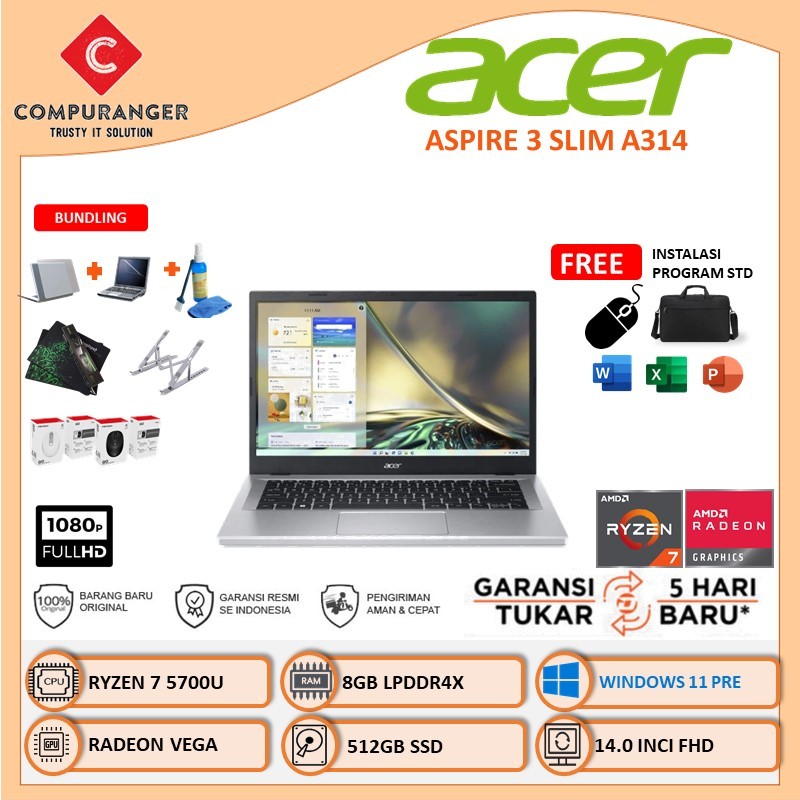 Laptop Acer Aspire 3 A314 - Ryzen 7 5700U 8GB up 16gb 512gb ssd 14.0 inci FHD windows 11