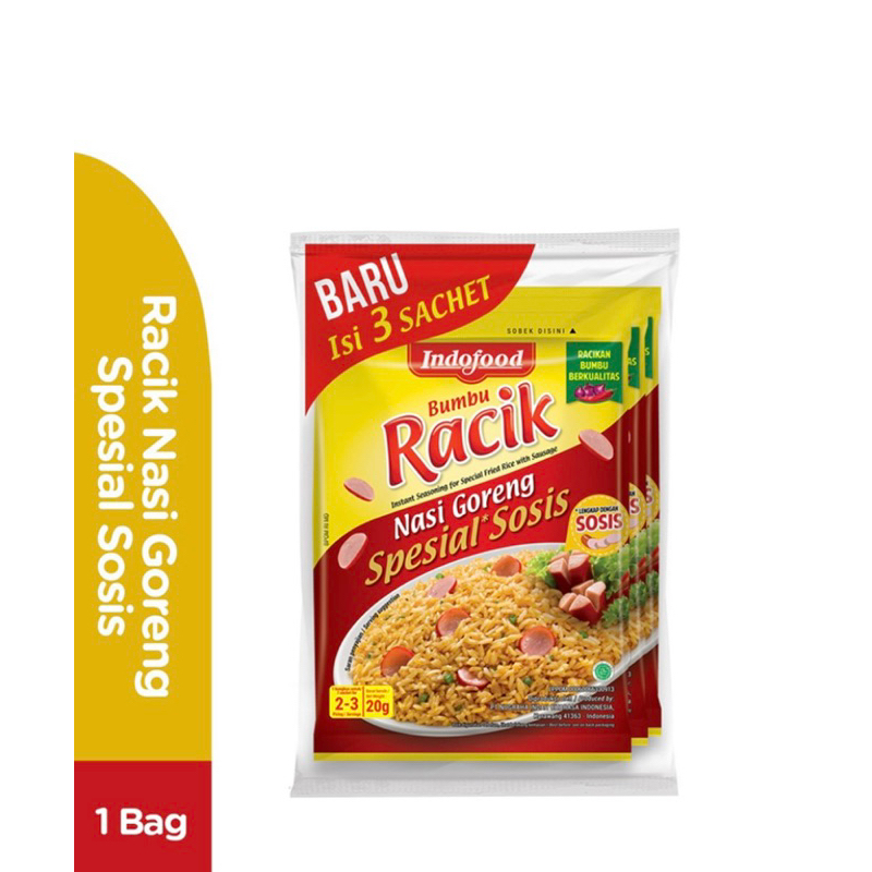 

Racik Nasi Goreng Spesial Sosis 1 bag isi 3 x 30gr Bumbu Instan Indofood