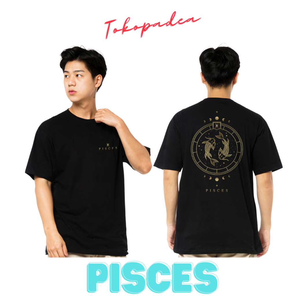 Tshirt Zodiac PISCES Kaos Cotton Combed Hitam 30s Cowok Cewek Unisex Baju pria wanita lengan pendek 