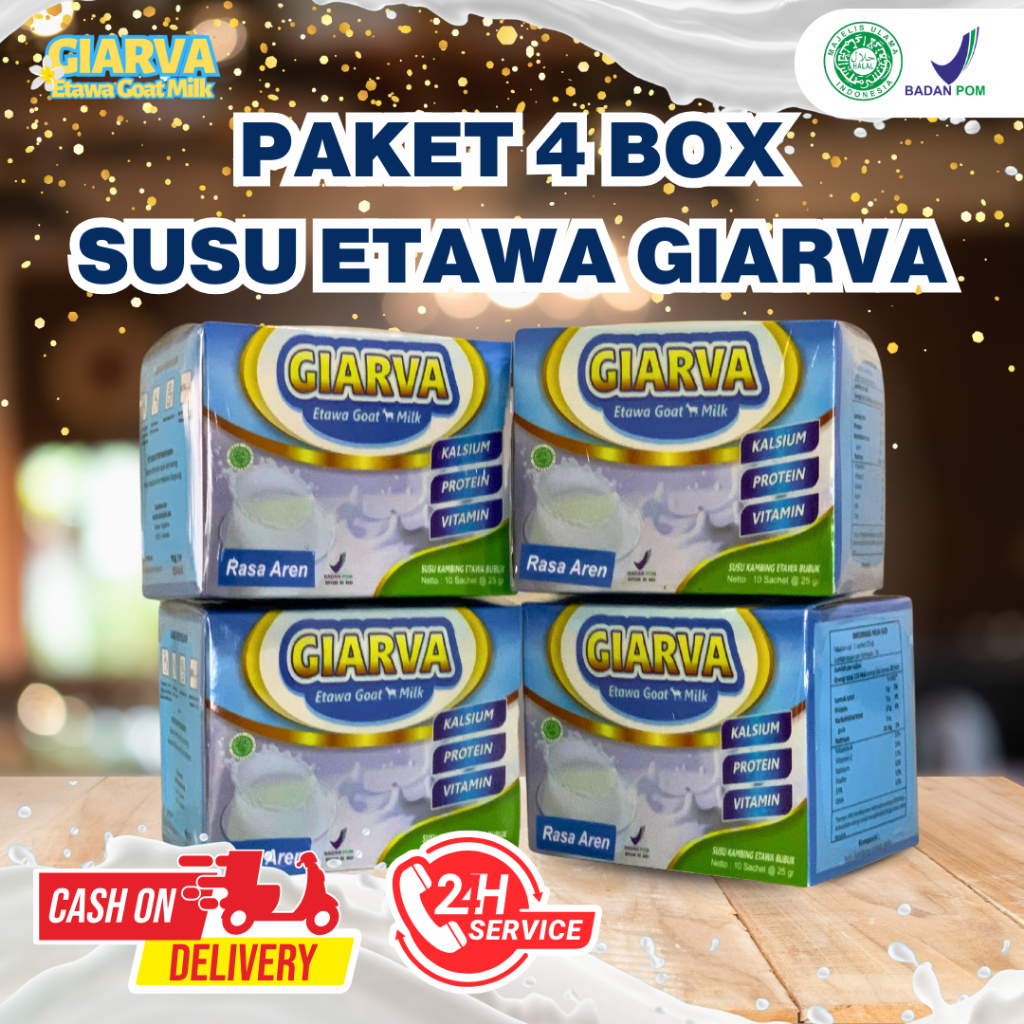 

GIARVA ETAWA GOAT MILK - Susu Kambing Etawa Original 100% Atasi Asma, Nyeri Sendi dan Asam Urat Paket 4 Box 250 Gram
