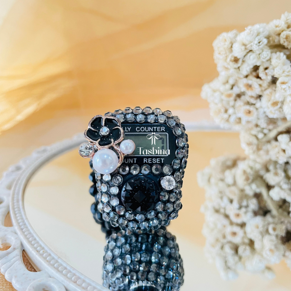 Tasbih Digital Cantik Manik Bunga Hitam Mutiara Non LED Tali Kristal
