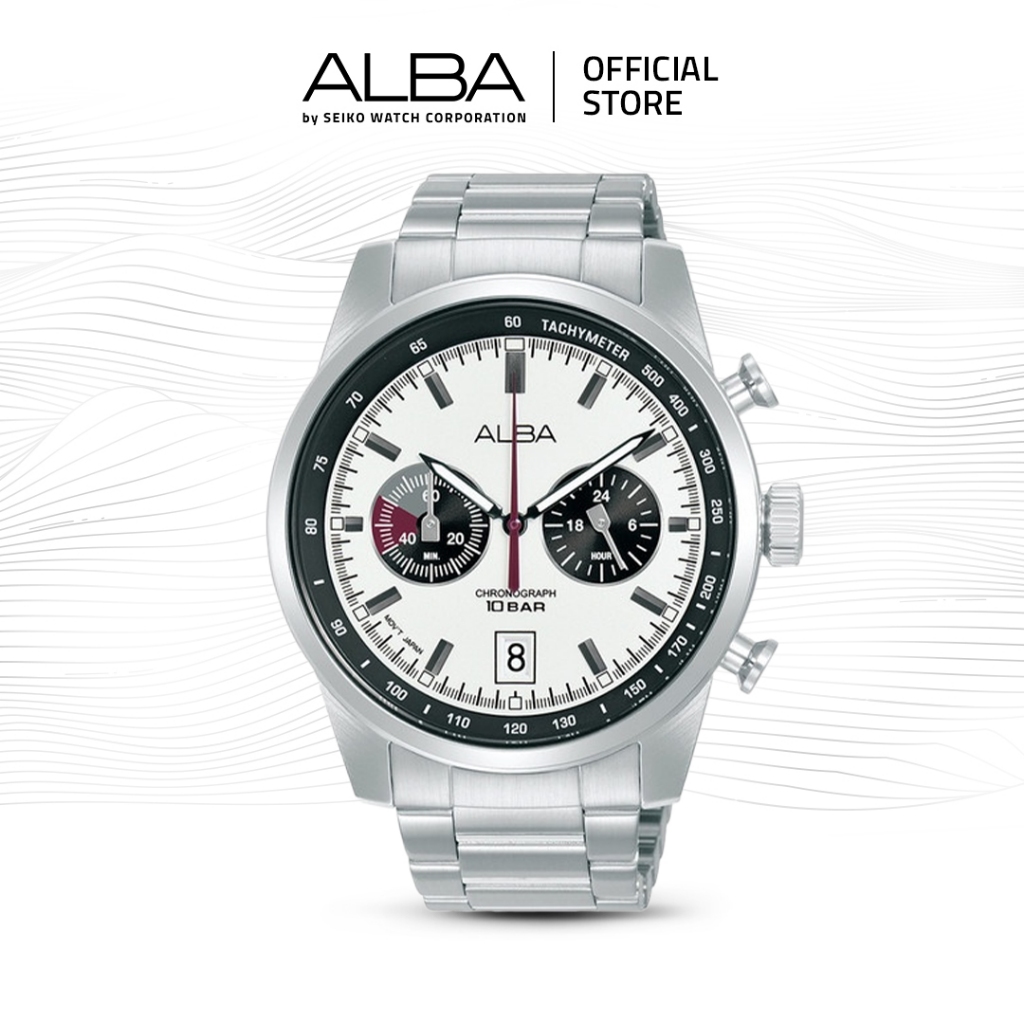 Alba Signa Jam Tangan Pria Chronograpth A4B009 / A4B009X1 Quartz White Black Dial Strainless Steel S