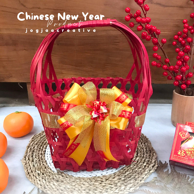 IMLEK SERIES | TAS KERANJANG BAMBU TAS BELANJA 15X15 WARNA MERAH HIAS PITA IMLEK/ keranjang bambu / 