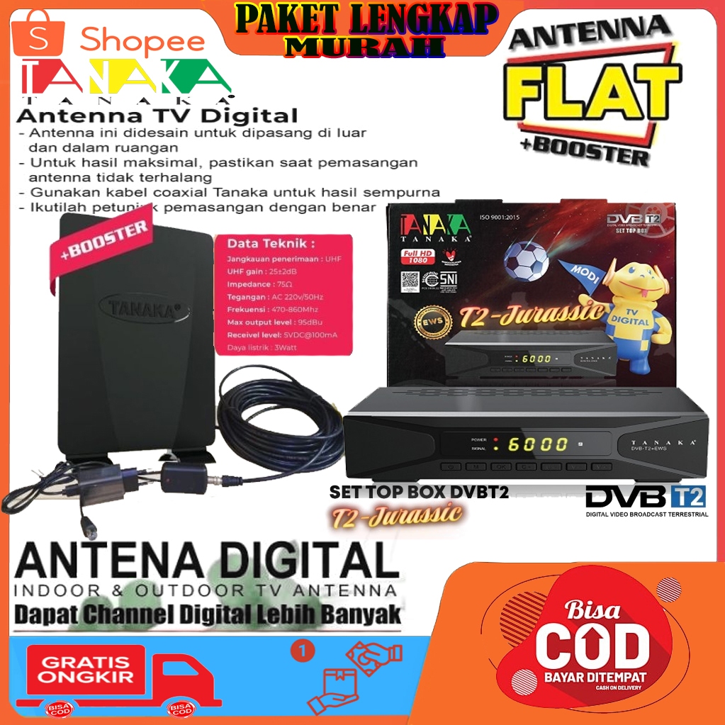 STB Digital DVB T2 Tanaka Jurassic+TANAKA Antena Digital Flat ANT2503 Indoor Outdoor