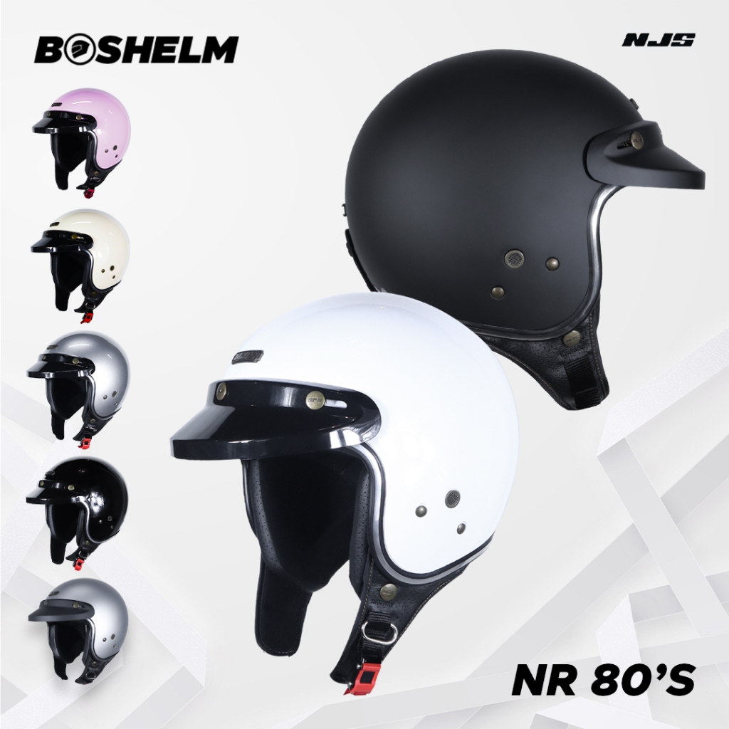 BOSHELM Helm NJS NR-80's Solid HITAM DOFF Helm Retro Half Face SNI