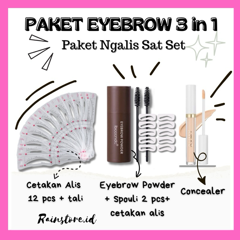 3in1 Paket Eyebrow (Eyebrow Powder + Concealer + 12 pcs Cetakan Alis Tali)