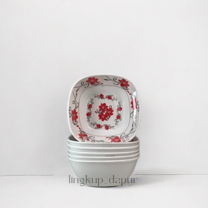 Mangkok Melamine Bermotif, Mangkok Persegi Motif Kembang (6pcs/1 lusin)