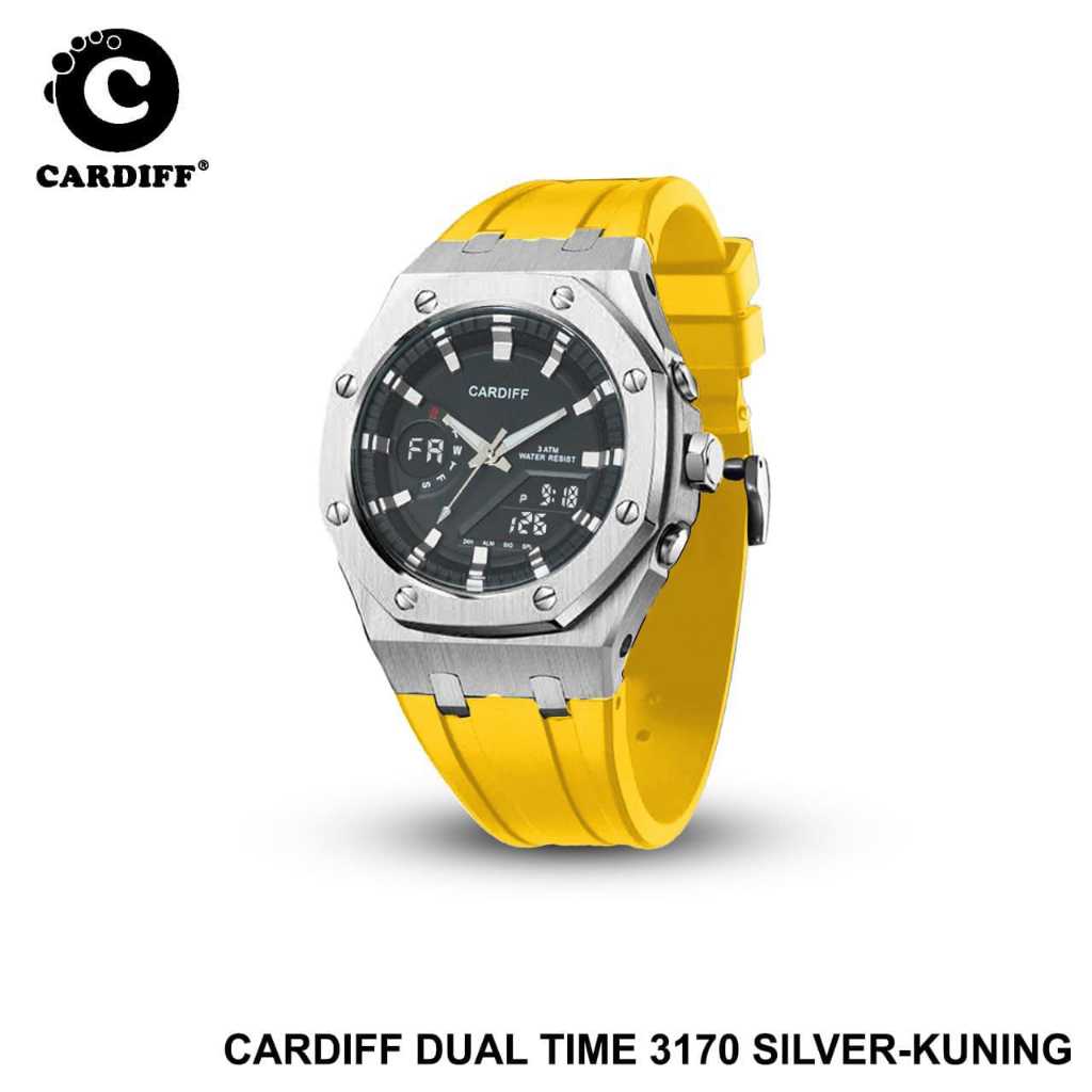 Jam tangan pria Cardiff  Original 3170 fashion pria terbaru ring rose/silver tali karet dualtime inc