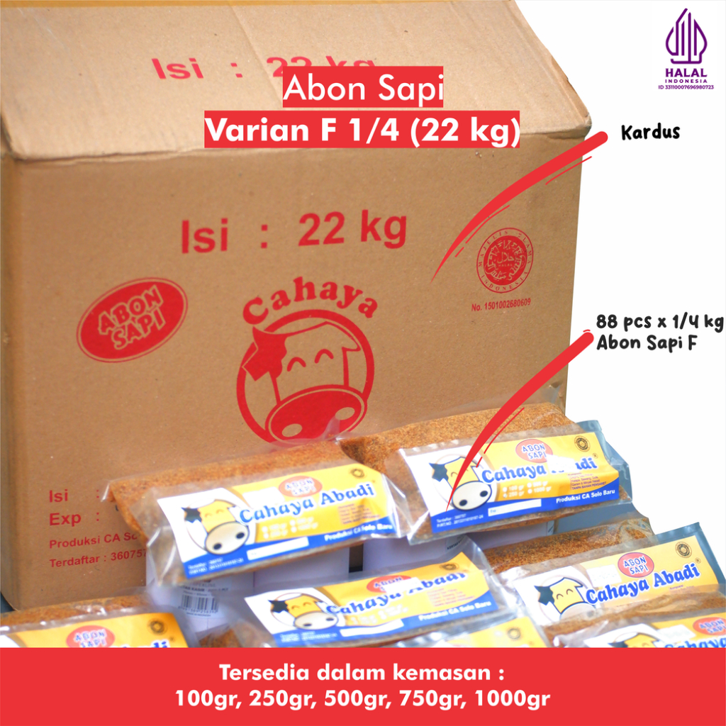 

GROSIR 22KG Cahaya Abadi Abon Sapi "F PACK 1/4 KG X 88 PCS