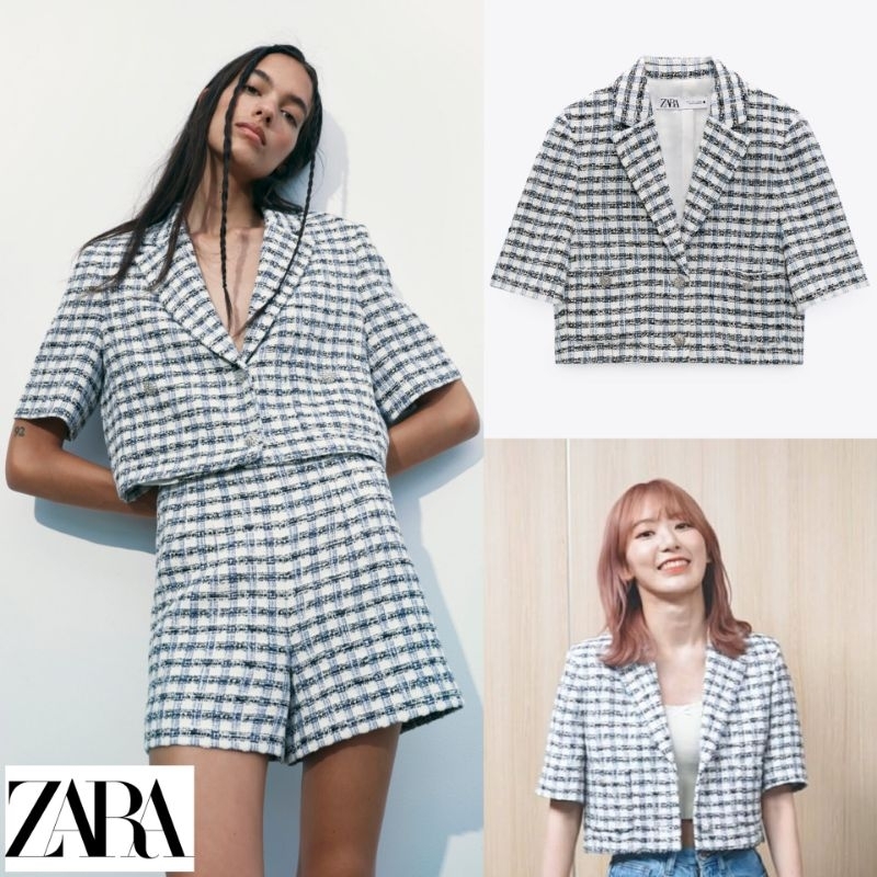 [ZARA] Tweed Crop Textured Gingham Plaid Pattern Blazer Top With Rhinestone Metal Jewel Button Pocke