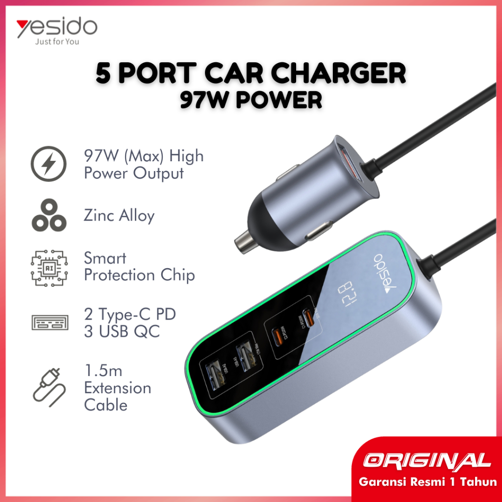 YESIDO Car Charger 5 Port PD USB Fast Charging 97W Max Power with 1,5m Extension Cable