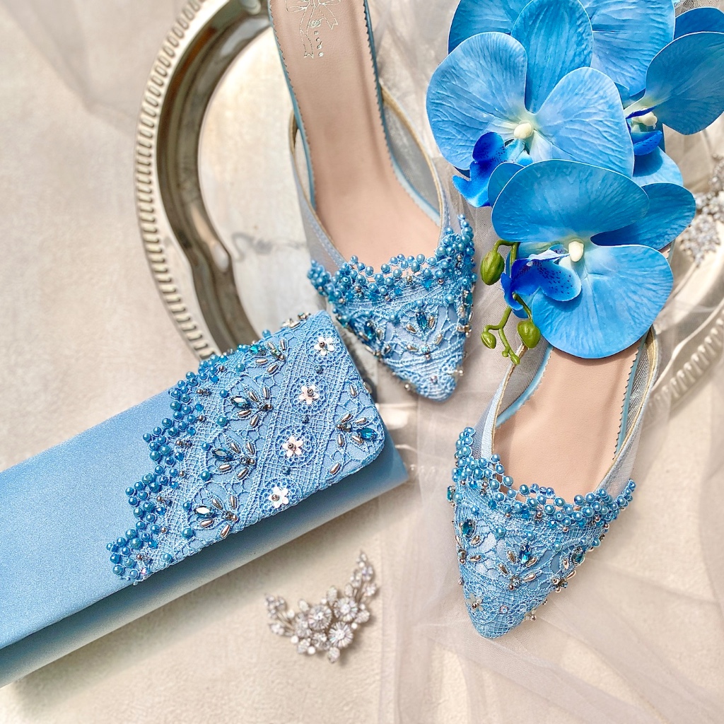 Matching Set Baby Blue Selop Sandal Sepatu Pesta Wanita Block Heels & Tas Clutch AVEDA 6302 SALE CUC