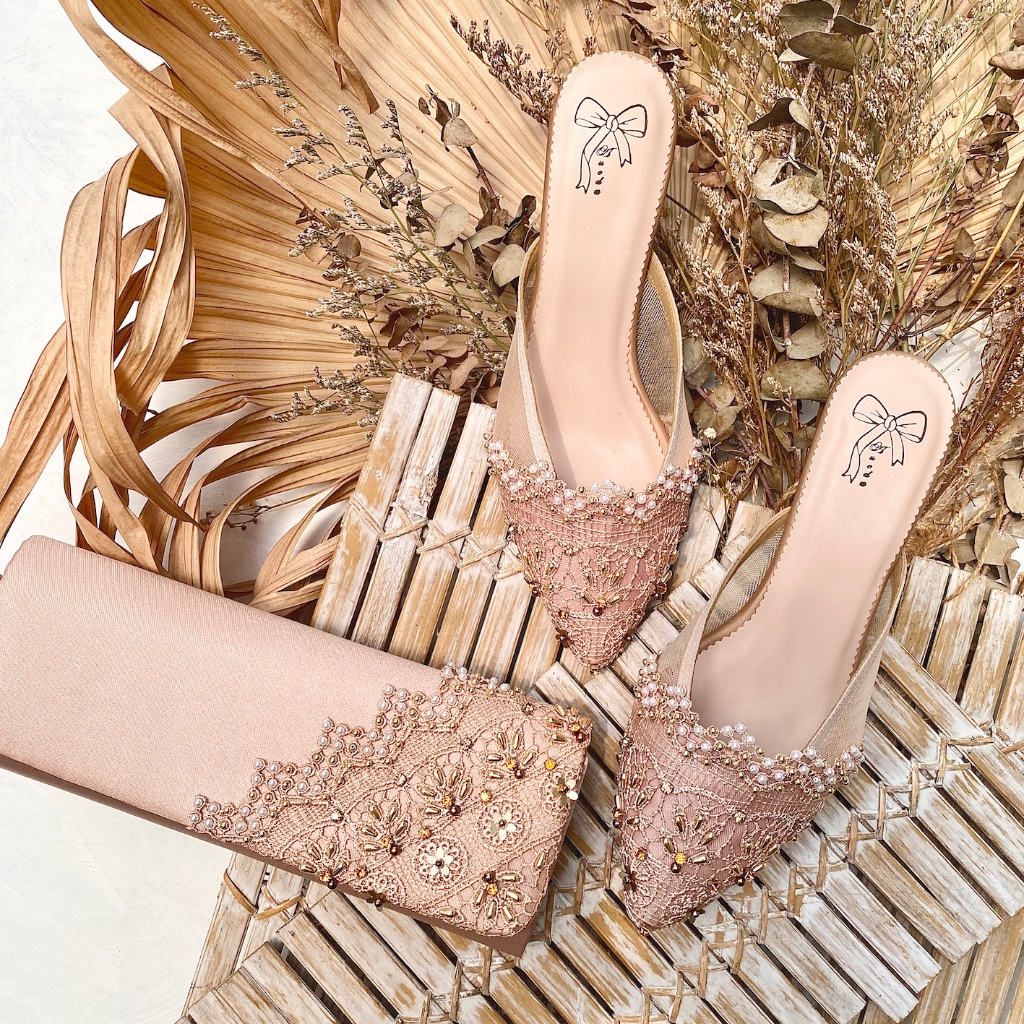 Matching Set Nude Selop Sandal Sepatu Pesta Wanita Kitten Heels & Tas Clutch AVEDA 6235